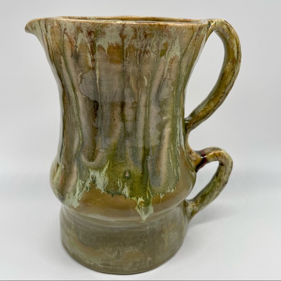 Art Pottery Double Handle Pitcher Unique Brown Green - Picture 2 of 4